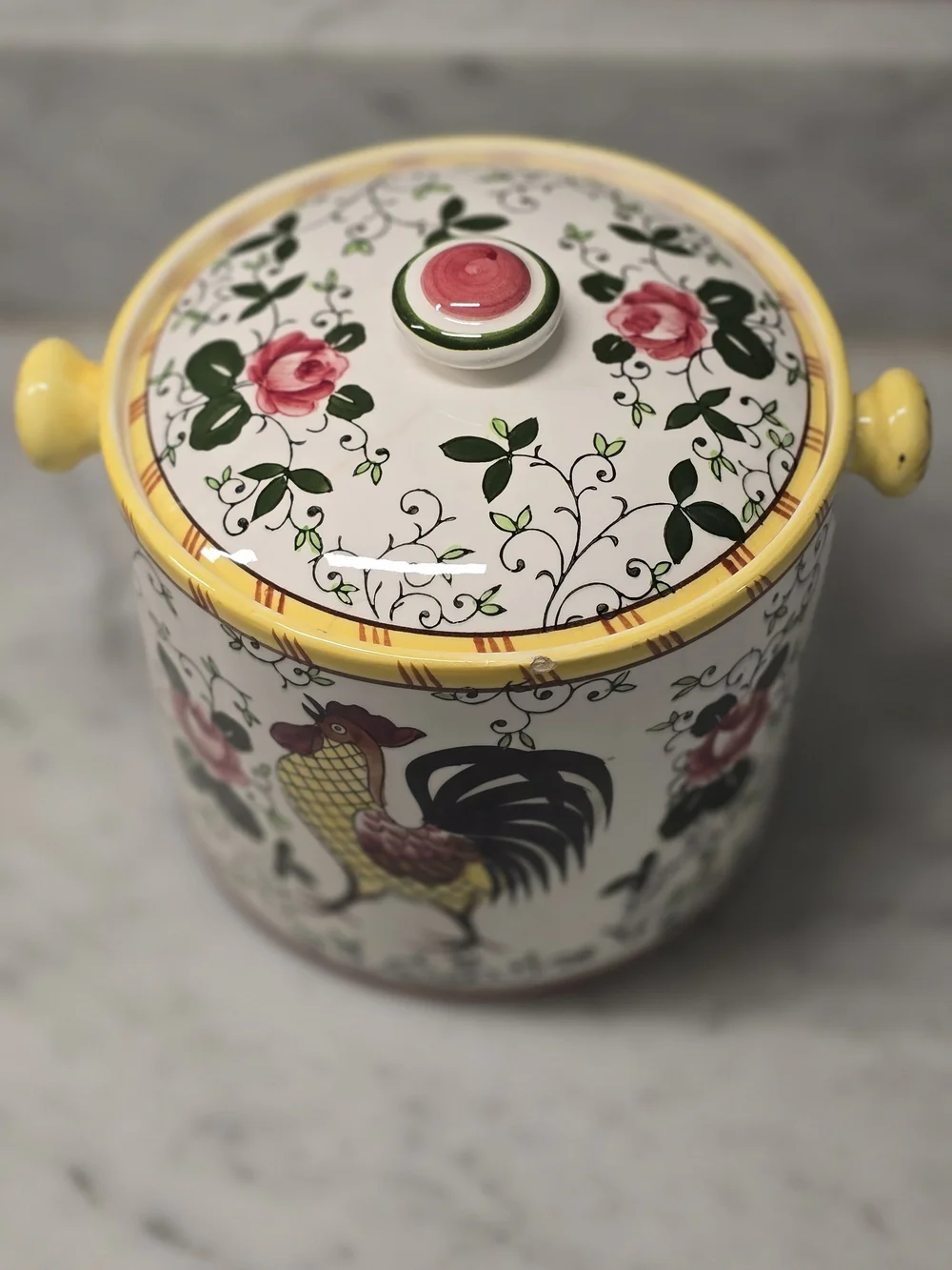 Roses And Rooster Ceramic Kitchen Canister - Yellow, Pink, Green